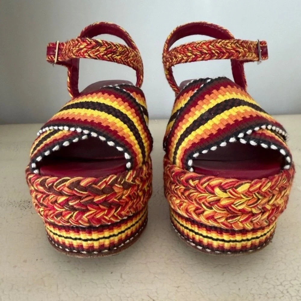 Antolina Paris Woven Textile Women Sz 8 Striped Platform Sandal Red/Yellow/Black